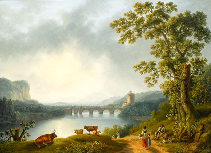 The Volturno with the Ponte Margherita, near Caserta, with a Herdsman Resting and Peasants on a Path